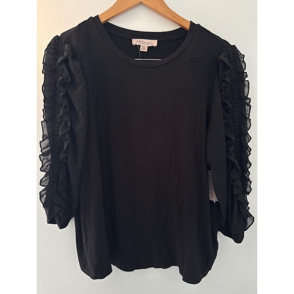 Philosophy Womens Size 1X Black Blouse with Sheer Ruffle Sleeves Careerwear NWT